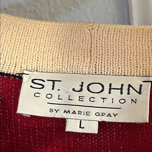 Vintage St. John Women's Red Wool Blend Jacket Blazer Sweater Cream Trim Size L - Picture 5 of 6